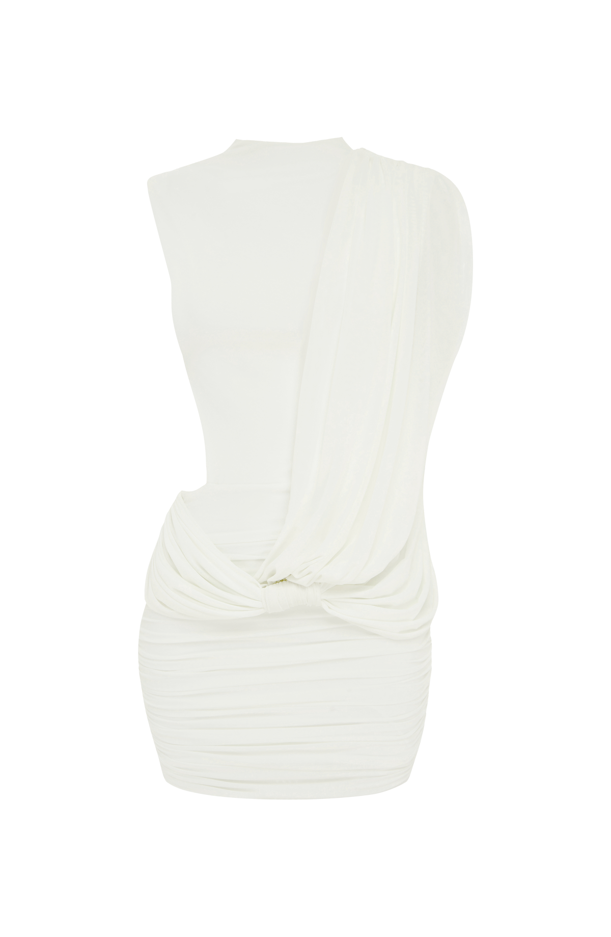 Vestido blanco sin mangas con drapeado cruzado y frunces en la parte baja.