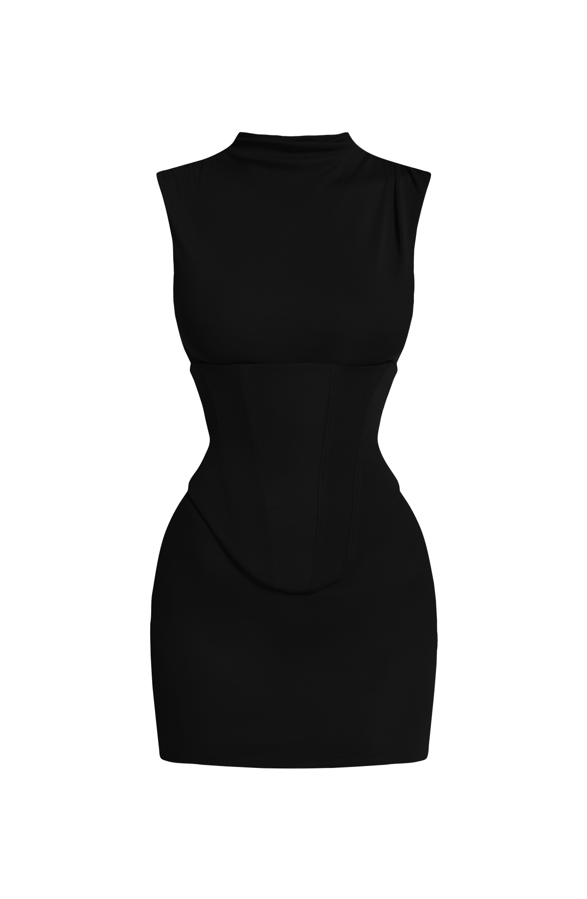 Vestido negro sin mangas y cuello alto, silueta entallada con panel en la cintura
