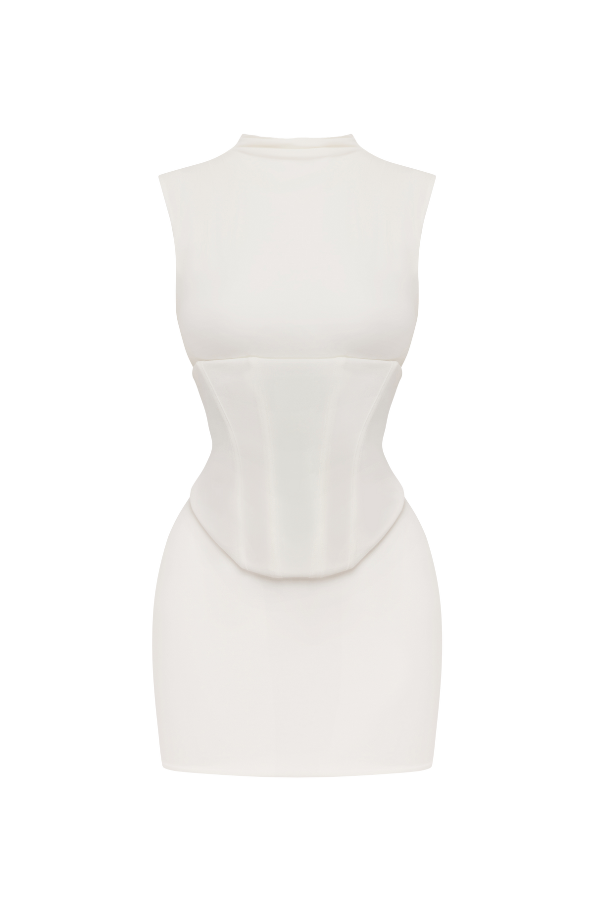Vestido blanco sin mangas, cuello alto, corte ajustado con costuras en la cintura