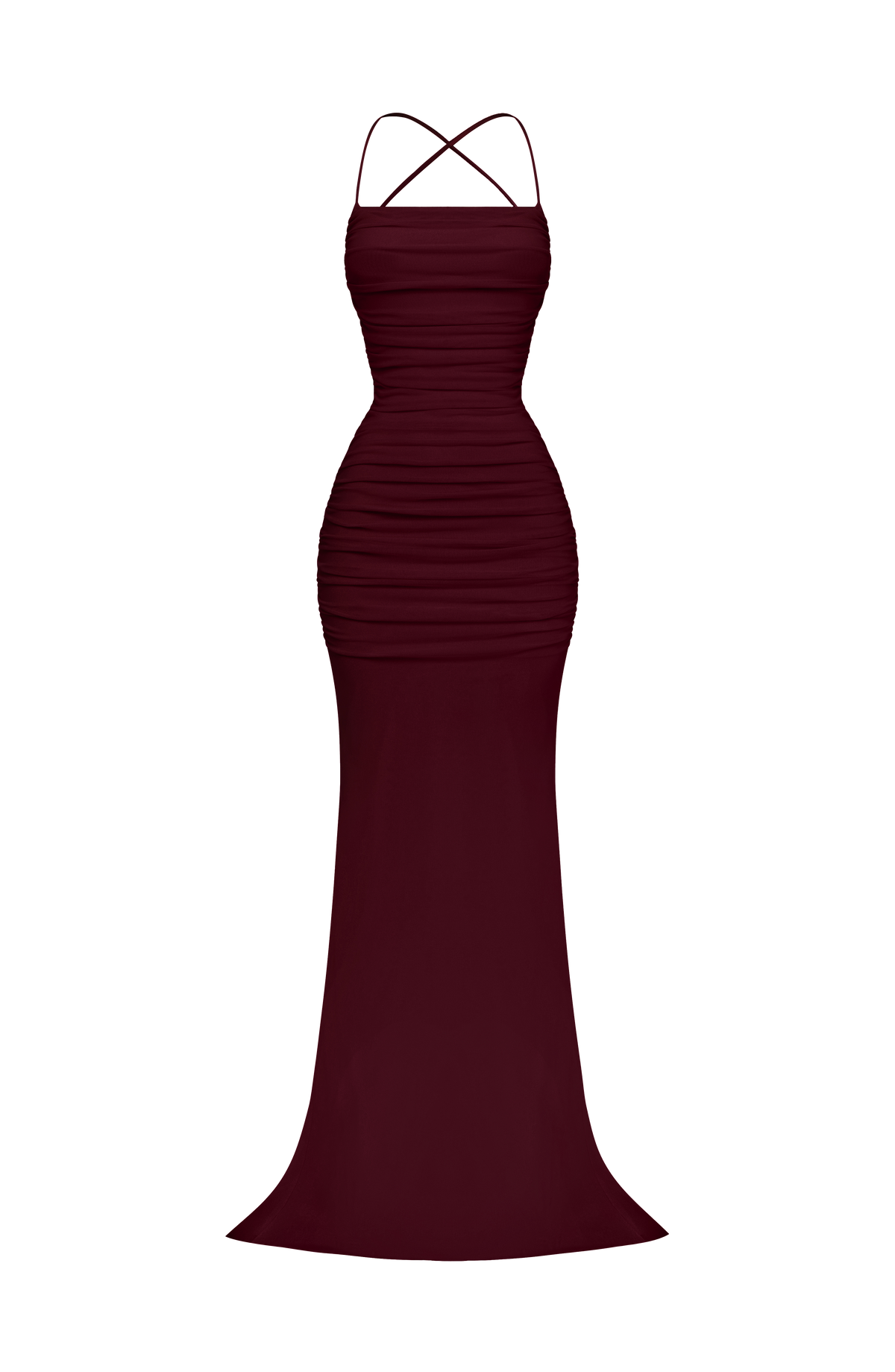Vestido sirena burdeos sin modelo, espalda con tirantes cruzados y lazo superior
