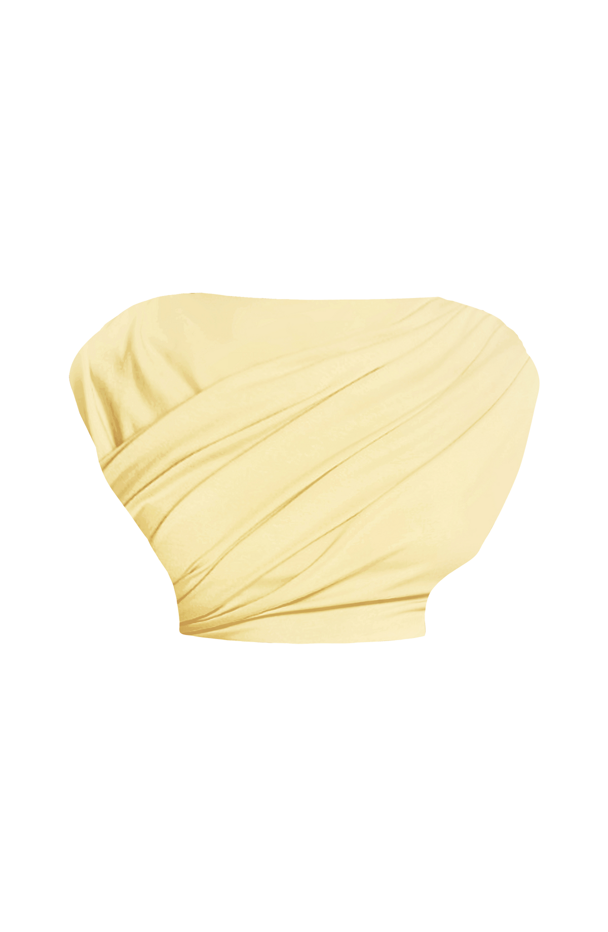 Top corto amarillo limón con drapeado cruzado al frente y silueta tipo capa
