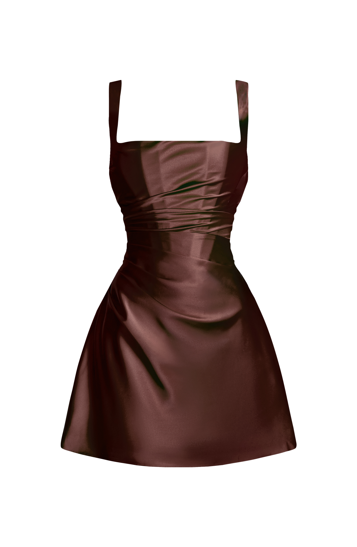 Vestido satinado marrón oscuro con tirantes finos, cuerpo fruncido y falda corta