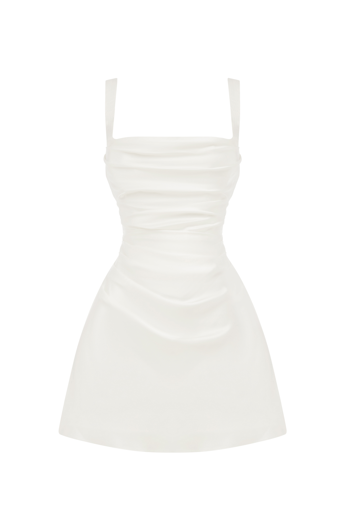 Vestido CALA blanco satinado, escote cuadrado y frunces en el cuerpo