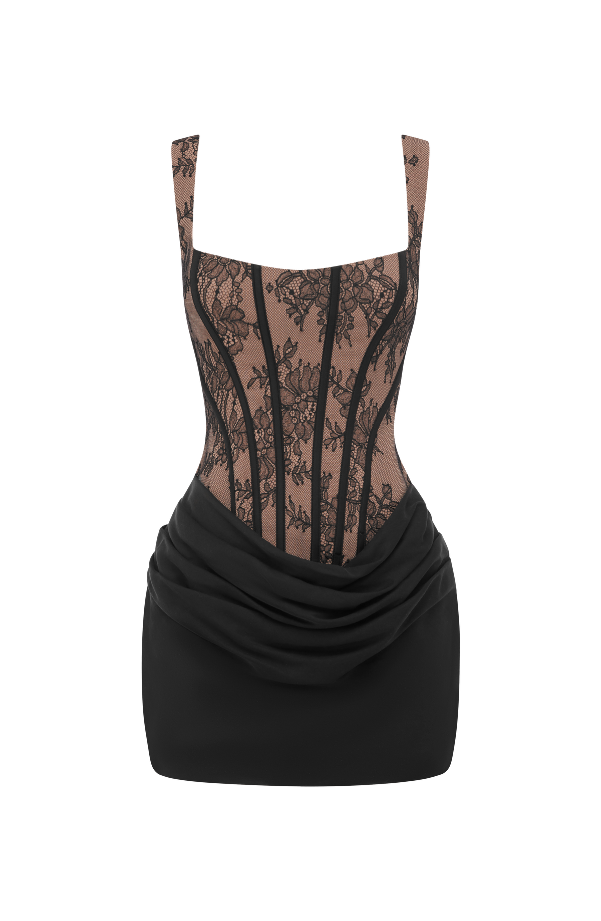 Vestido CORNELIA: bustier de encaje transparente y falda drapeada negra