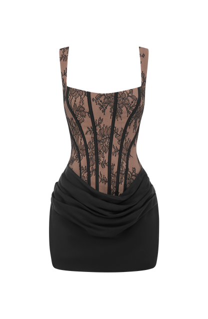 Vestido CORNELIA: bustier de encaje transparente y falda drapeada negra