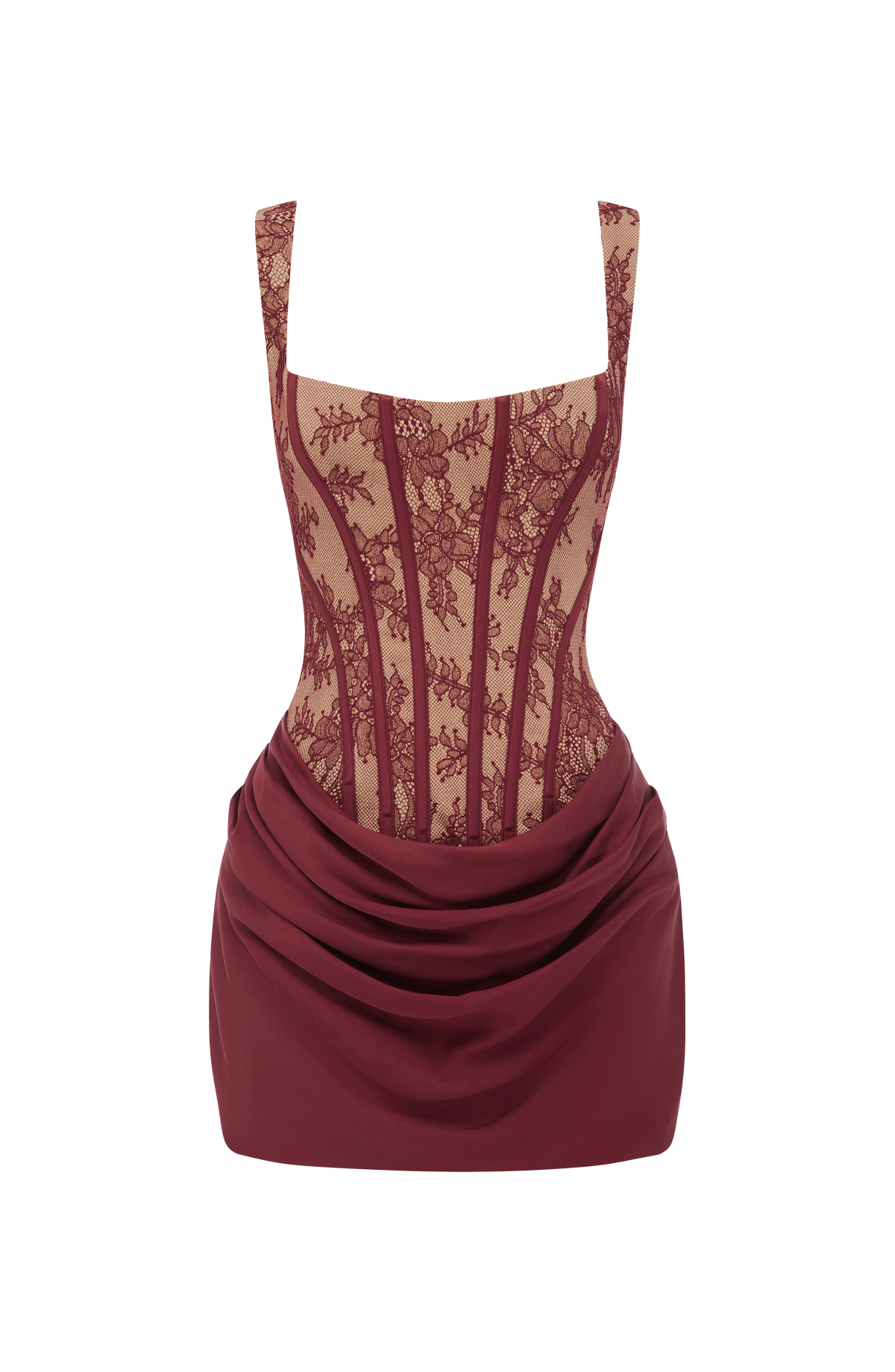 Vestido CORNELIA mini: corsé de encaje granate y falda drapeada con escote cuadrado