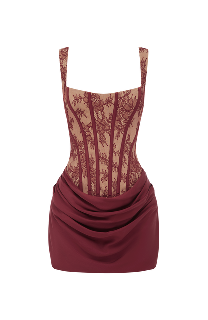 Vestido CORNELIA mini: corsé de encaje granate y falda drapeada con escote cuadrado
