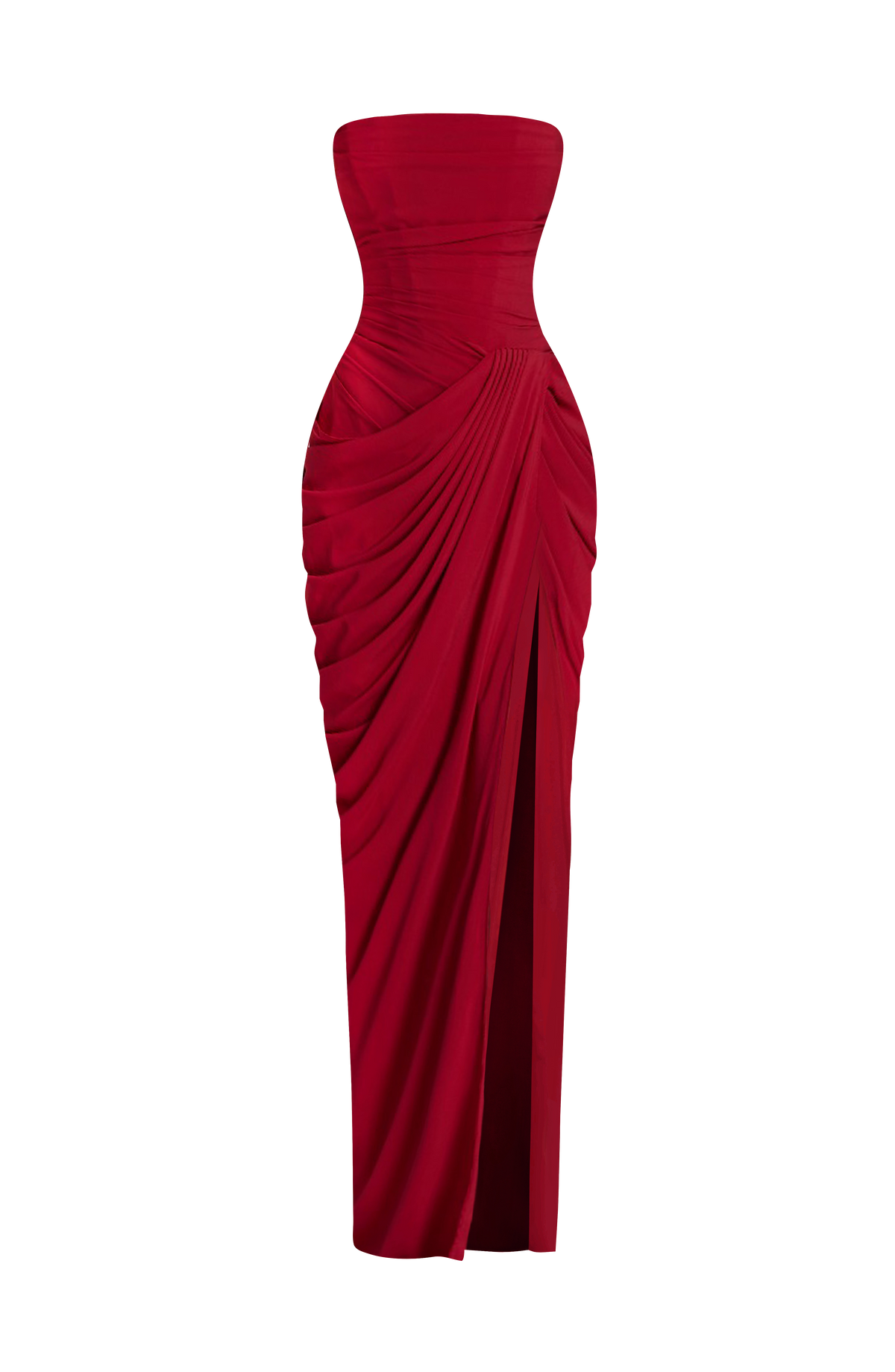 Vestido LARA sin tirantes rojo con drapeado cruzado y abertura lateral