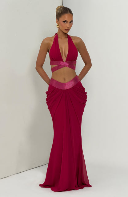 Bralette frambuesa halter con escote profundo y franja metalizada en la parte frontal
