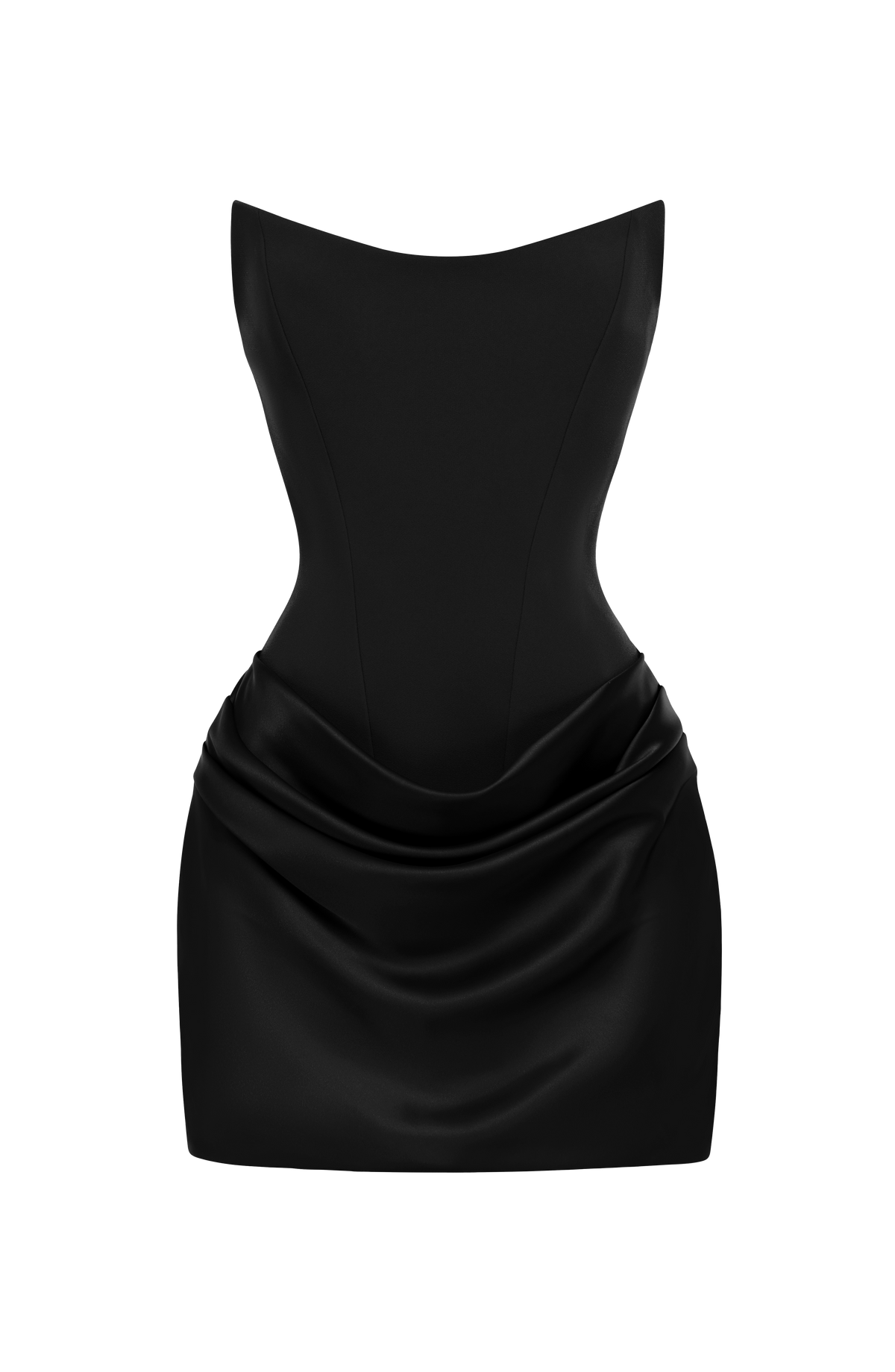 Vestido negro palabra de honor con falda drapeada y silueta entallada