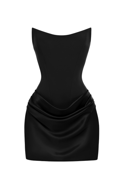 Vestido negro palabra de honor con falda drapeada y silueta entallada