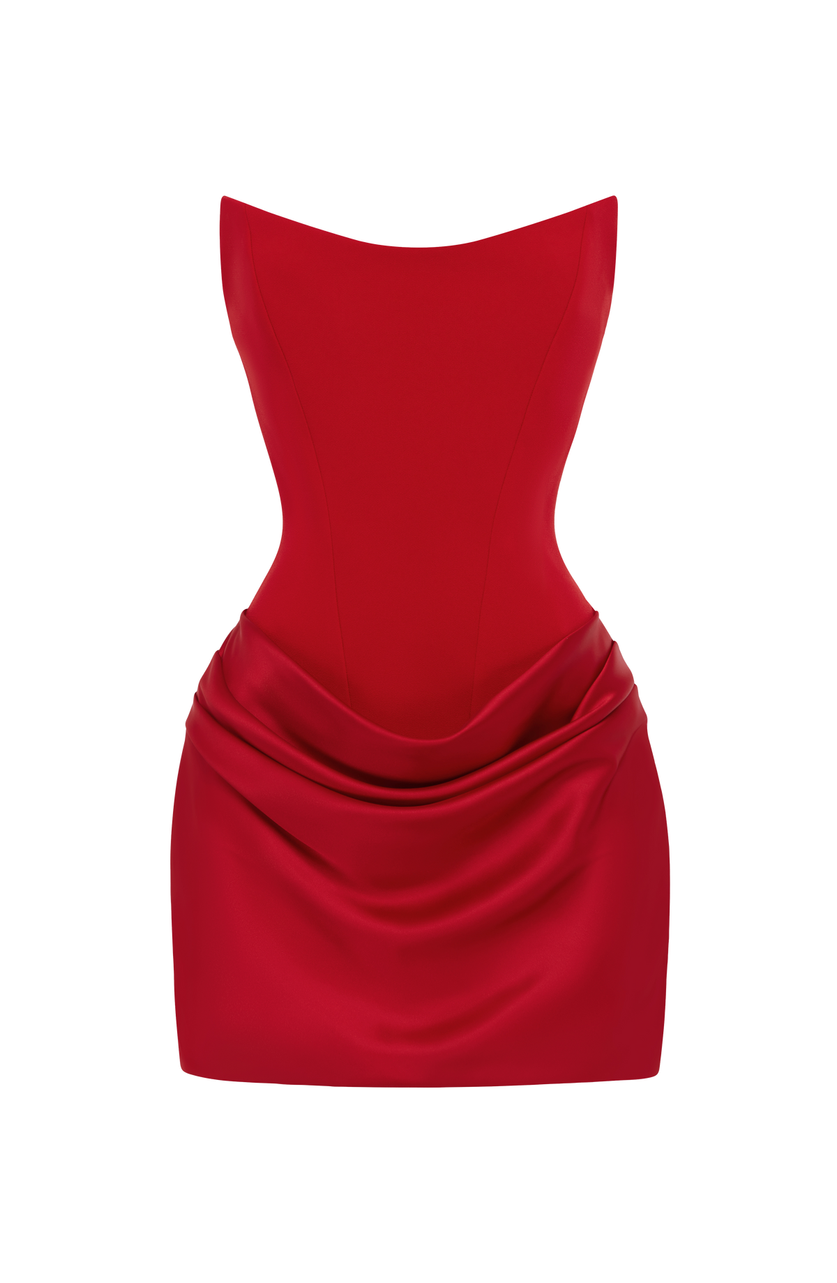 Vestido rojo corto con escote en pico y drapeado tipo cola en la falda