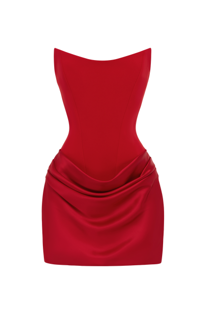 Vestido rojo corto con escote en pico y drapeado tipo cola en la falda