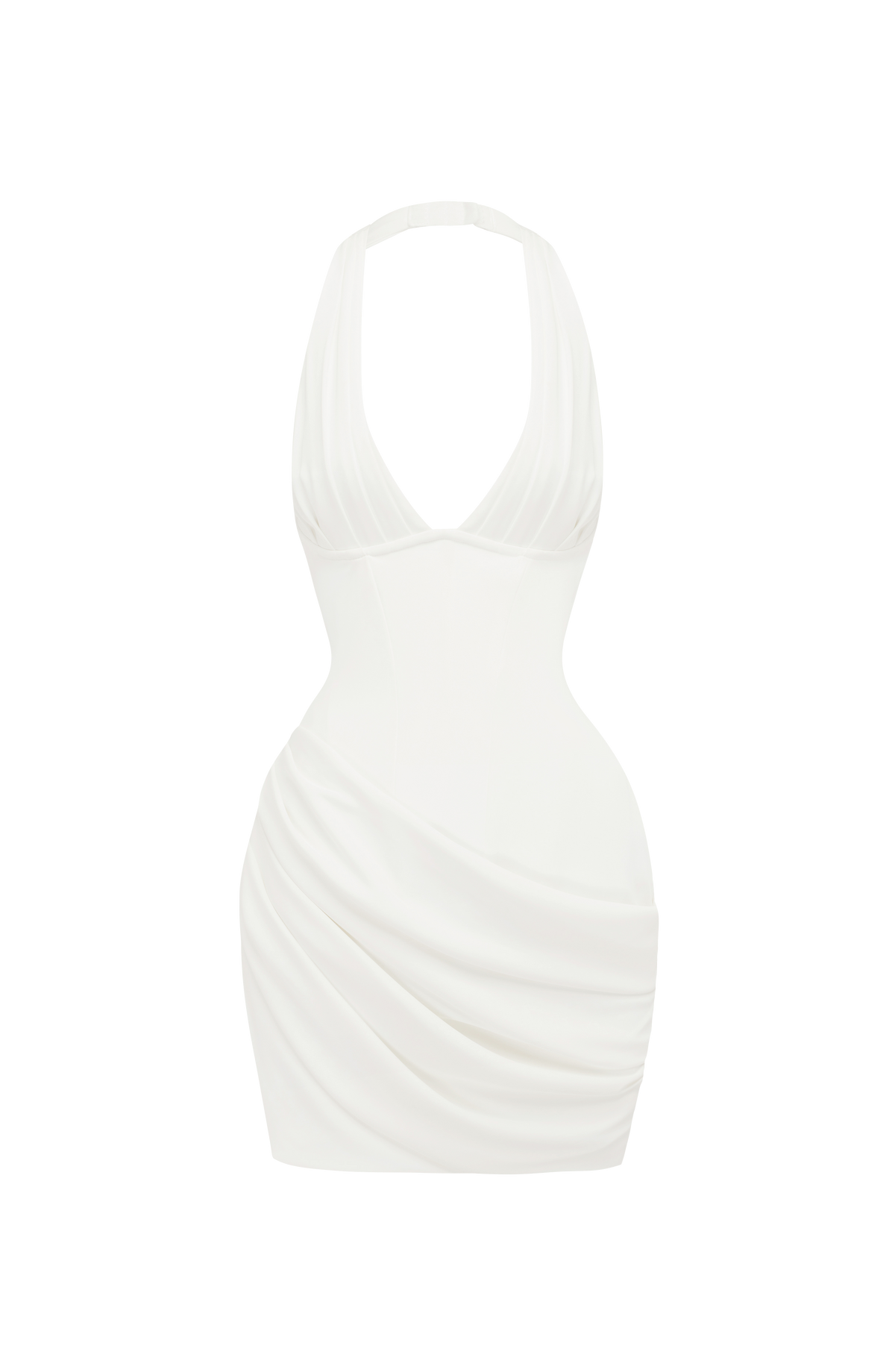Vestido blanco halter sin mangas con escote en pico y drapeado en la falda