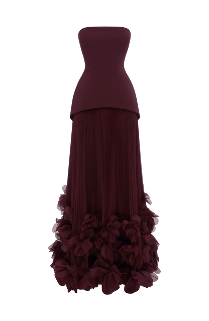 Vestido SERAFINA burdeos sin tirantes, falda plisada larga con volantes florales en el bajo