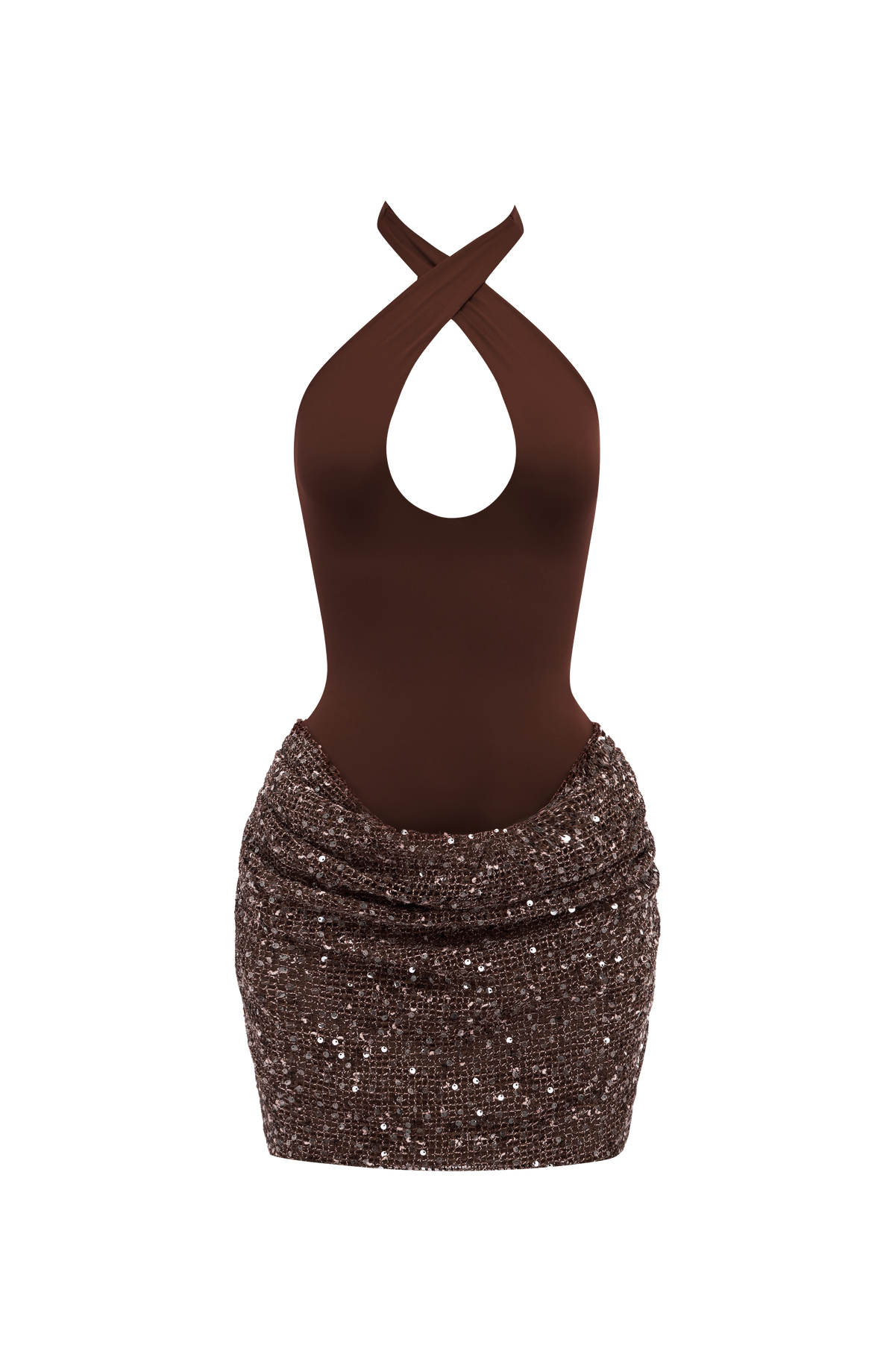 Vestido corto burdeos con escote halter tipo sujeción y falda corta de lentejuelas