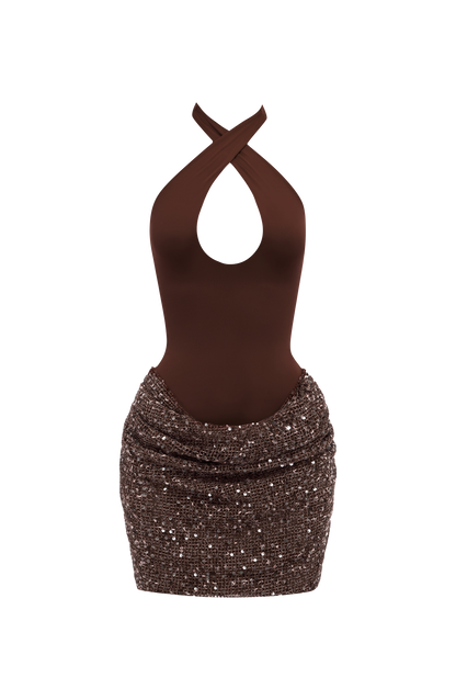 Vestido corto burdeos con escote halter tipo sujeción y falda corta de lentejuelas