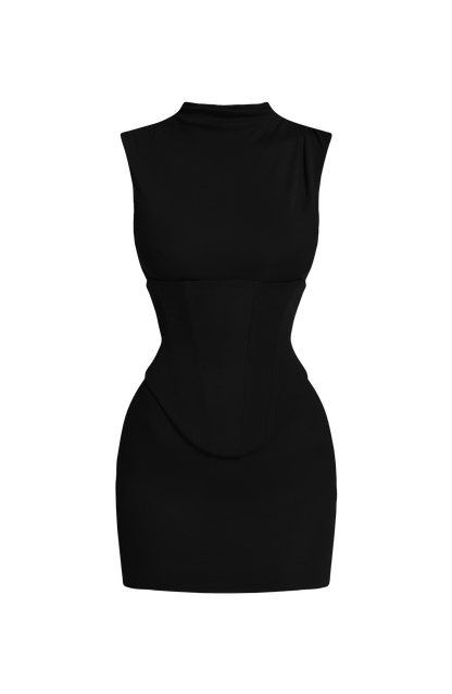 Vestido negro sin mangas y cuello alto, silueta entallada con panel en la cintura