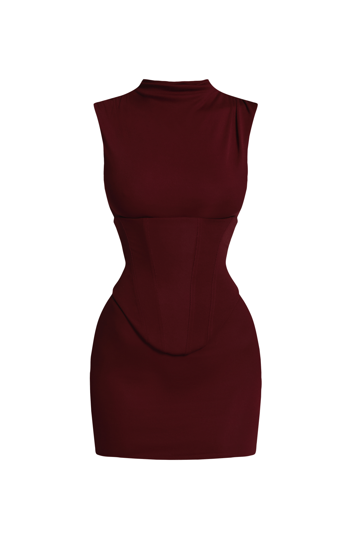 Vestido sin mangas burdeos con cuello alto y costuras entalladas estilo mini