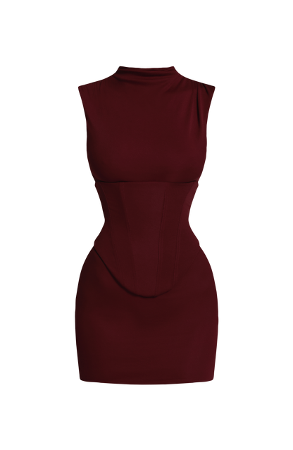 Vestido sin mangas burdeos con cuello alto y costuras entalladas estilo mini