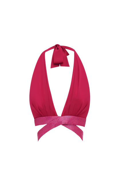 Bralette frambuesa tipo halter con dobladillo drapeado y banda elástica metalizada