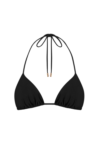 Top de bikini triangular negro con tirantes y cierre ajustable al cuello