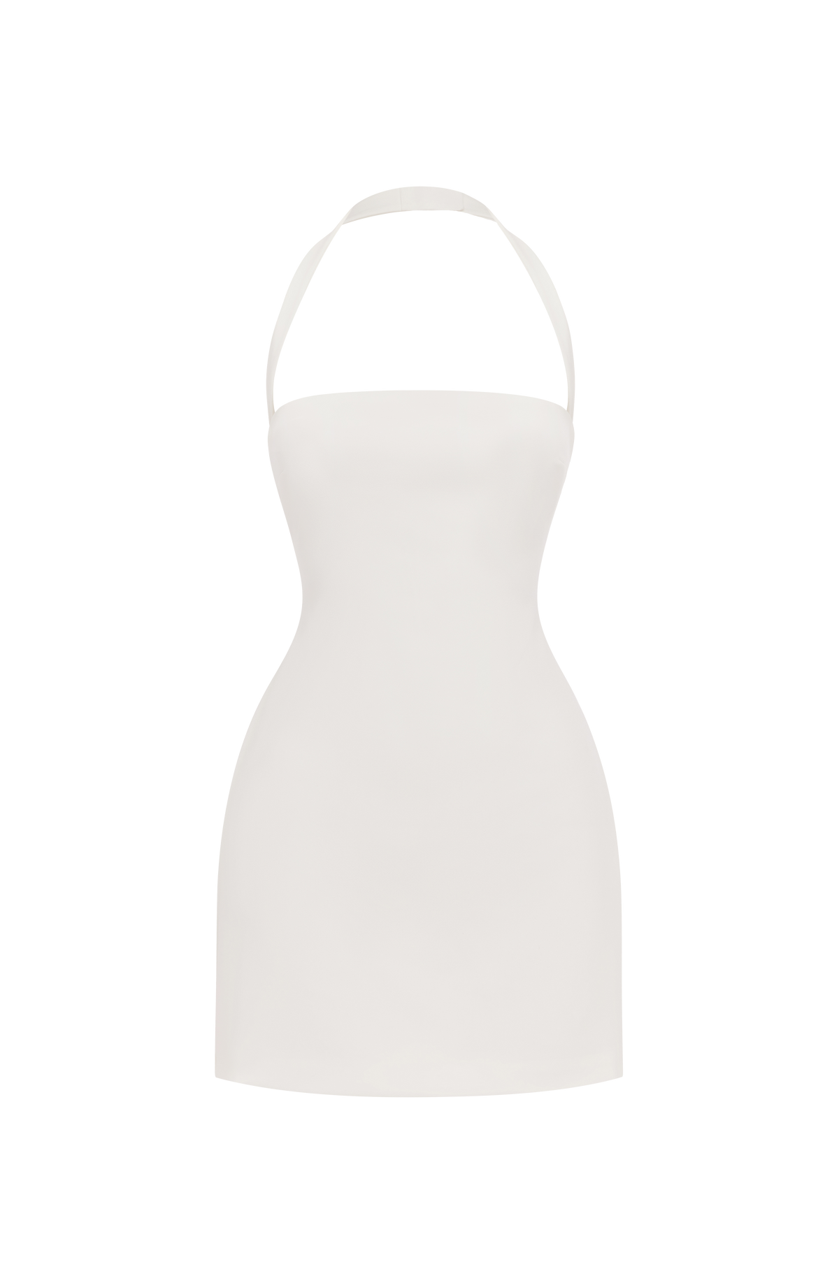 Vestido blanco corto sin mangas, silueta entallada y escote halter