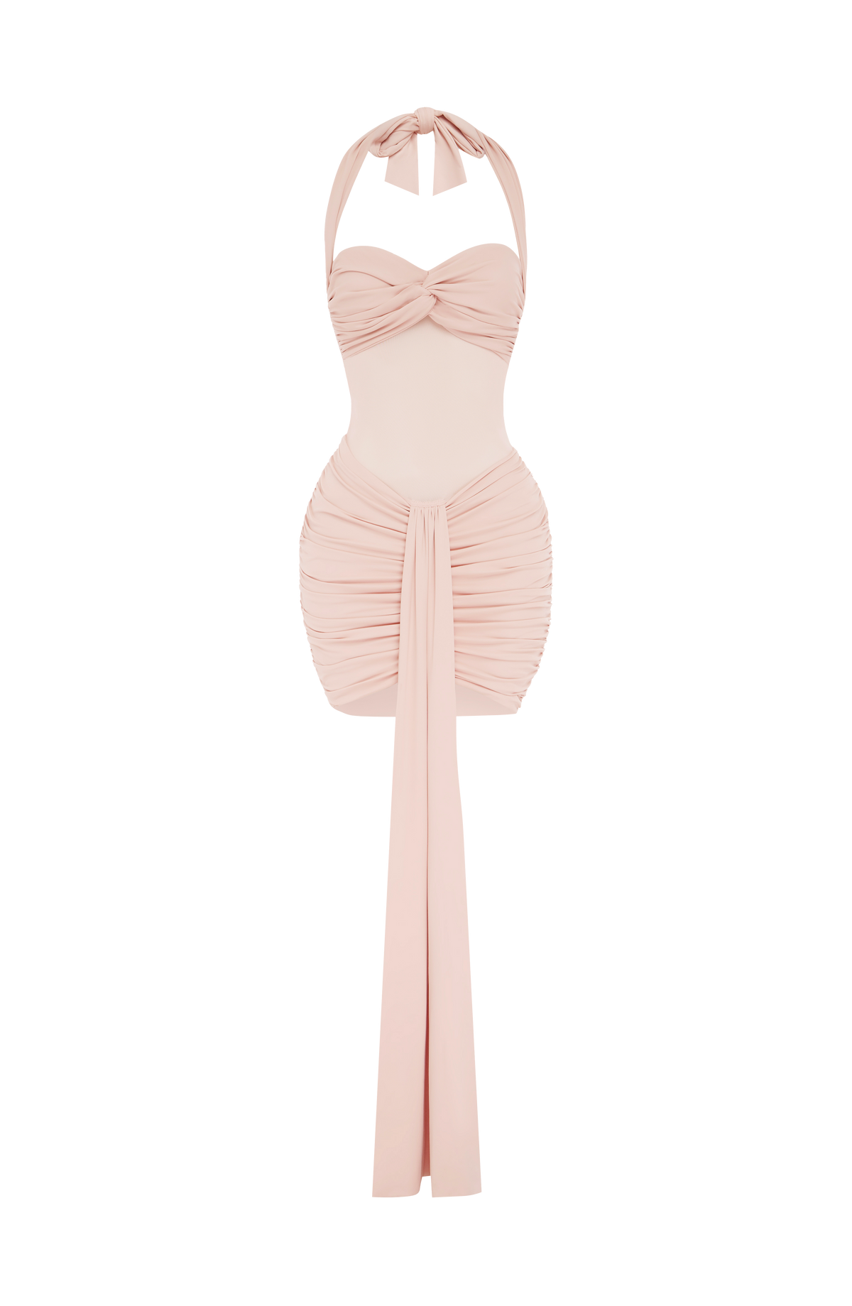 Vestido VIVIANA rosa claro con lazo halter, frunces y abertura