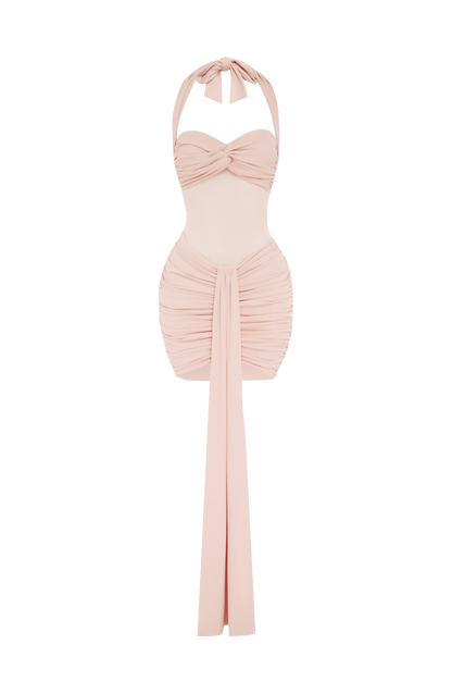 Vestido VIVIANA rosa claro con lazo halter, frunces y abertura