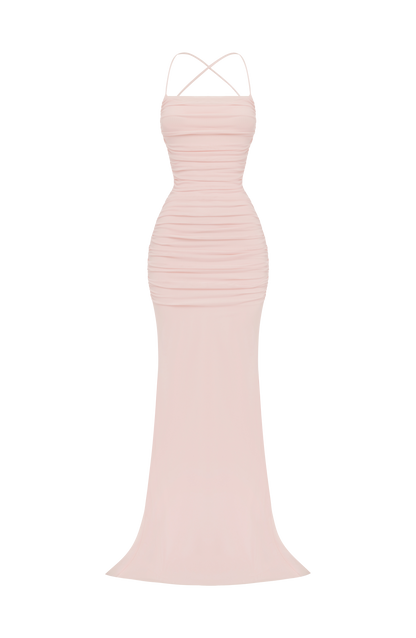 Vestido largo ZARIA rosa claro con tirantes cruzados en la espalda y falda entallada