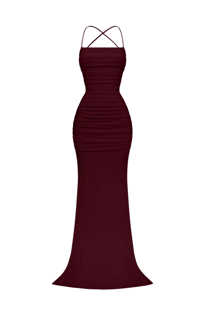 Vestido sirena burdeos sin modelo, espalda con tirantes cruzados y lazo superior