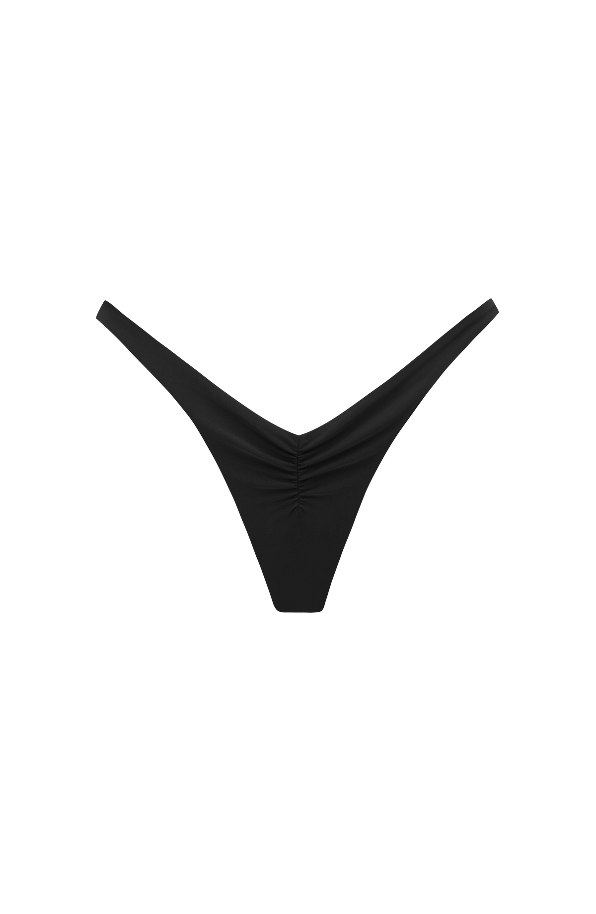 Braga de bikini negra tipo tanga, frontal, con tiras finas cruzadas