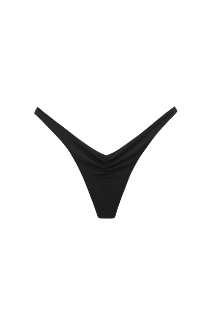 Braga de bikini negra tipo tanga, frontal, con tiras finas cruzadas