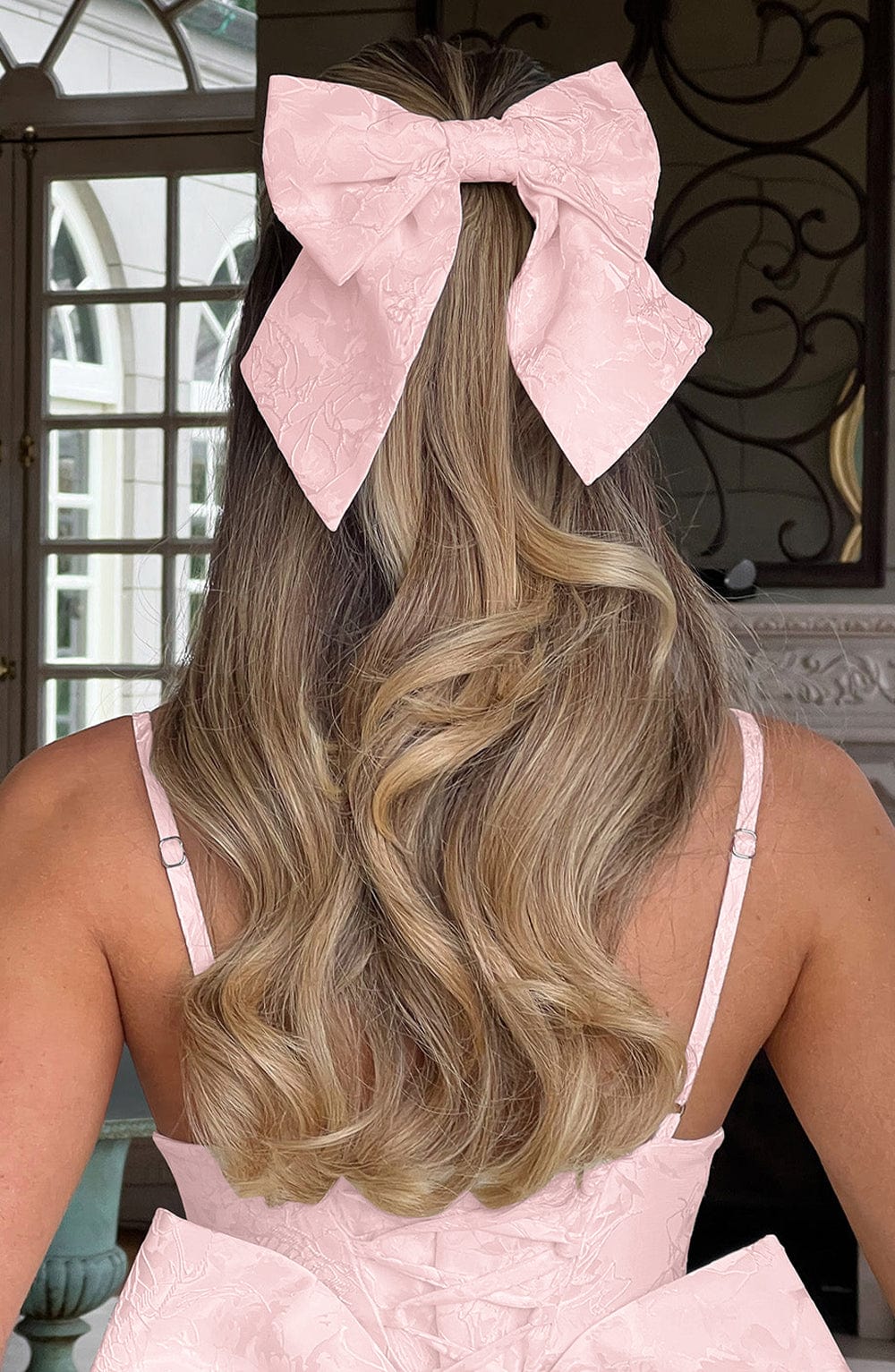 Lazo para el cabello rosa empolvado, moño grande de tela con textura