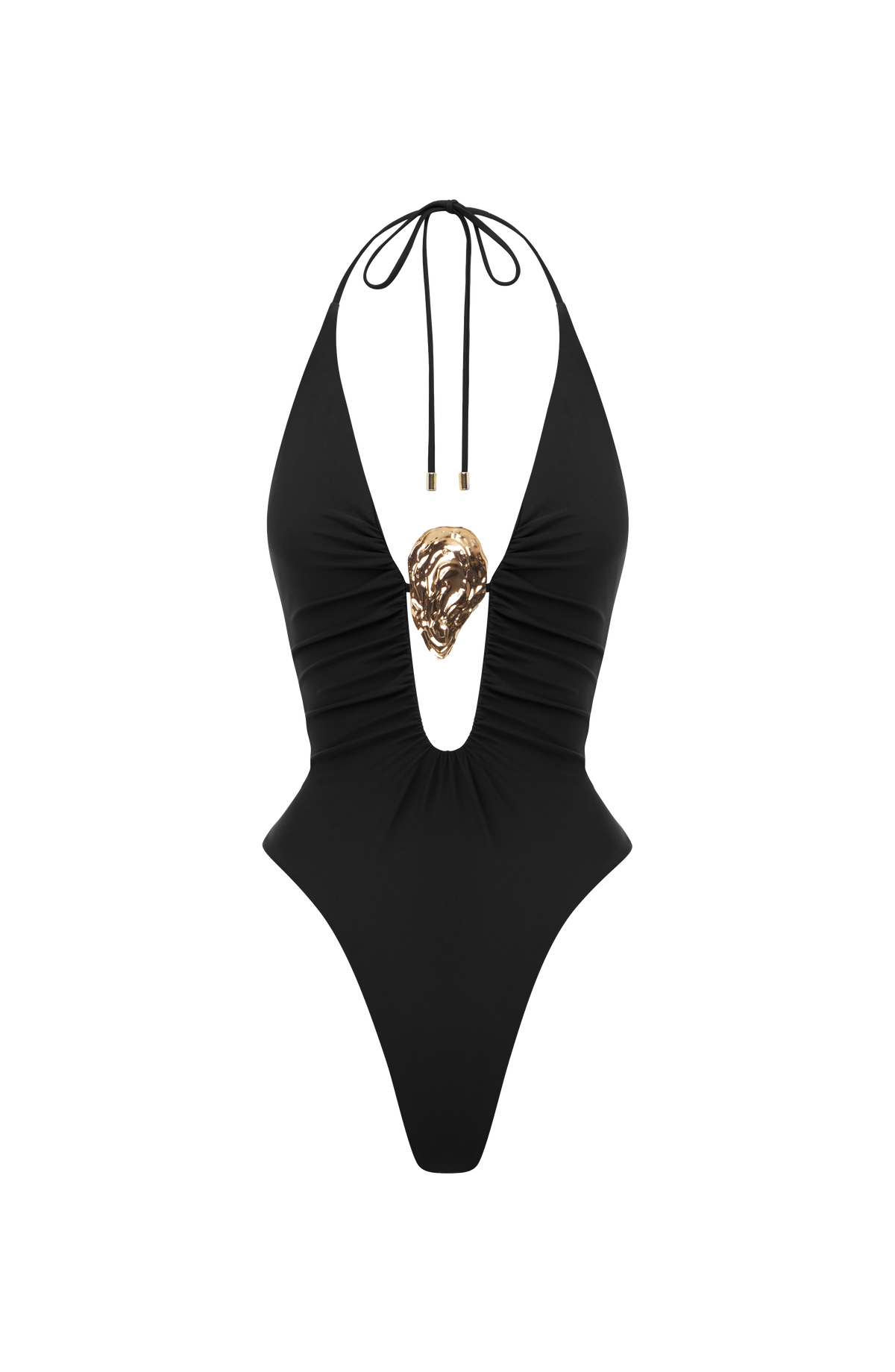 Bañador negro tipo halter con adorno dorado central y espalda con tiras