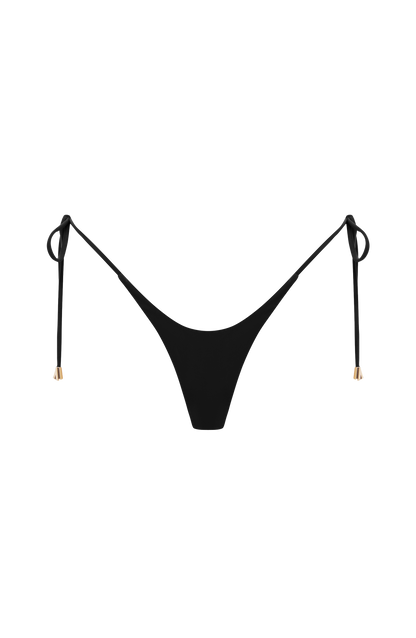 Braga de bikini negra minimalista con lazos ajustables y detalle frontal.