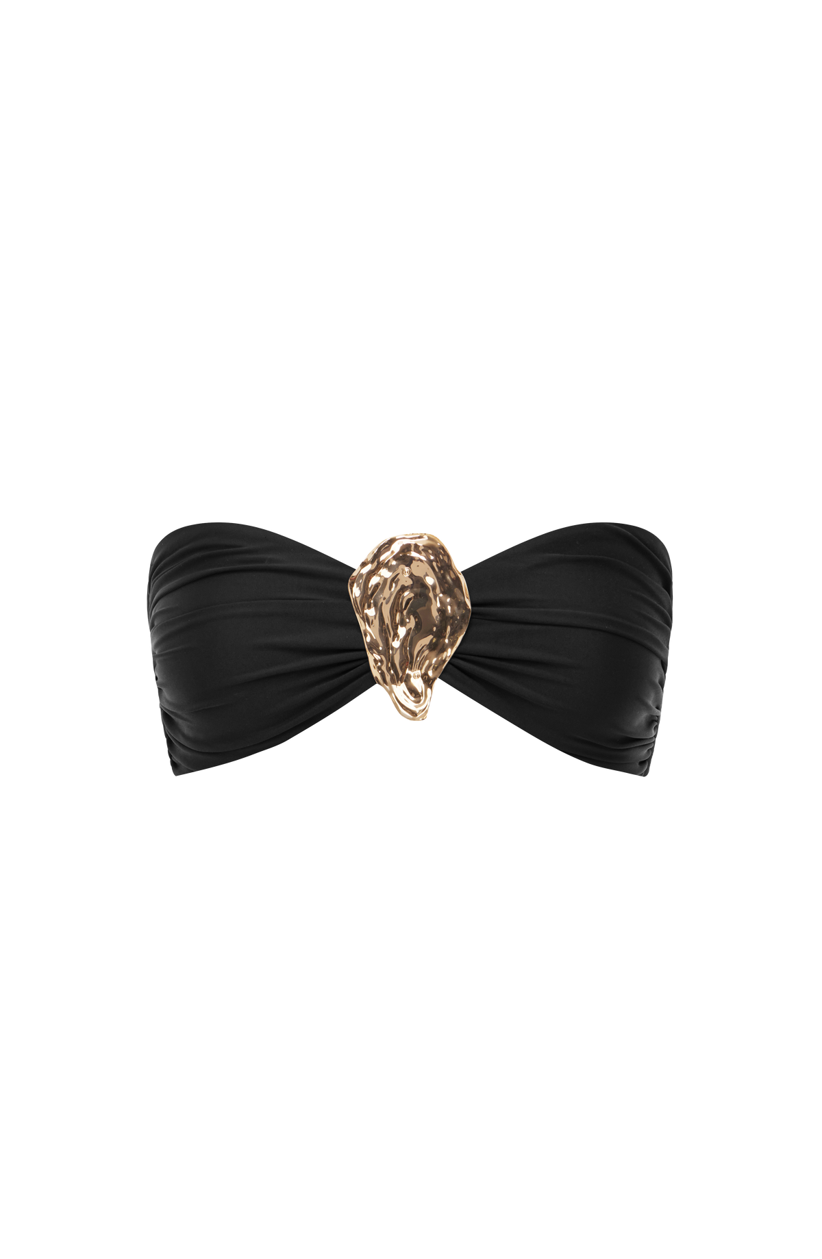 Top de bikini bandeau negro con adorno dorado central tipo gota