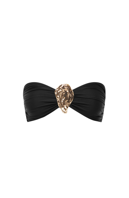 Top de bikini bandeau negro con adorno dorado central tipo gota