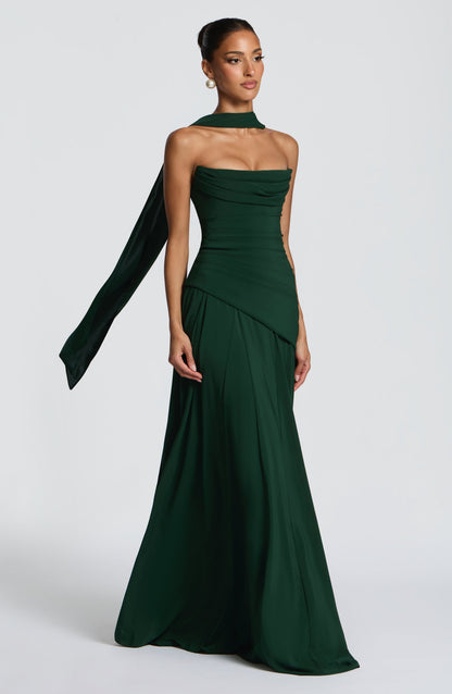Vestido PATRICIA verde esmeralda con drapeado cruzado y falda larga