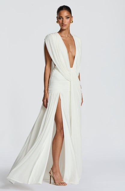 Vestido ROCÍO blanco con drapeado cruzado al pecho y abertura lateral en la falda