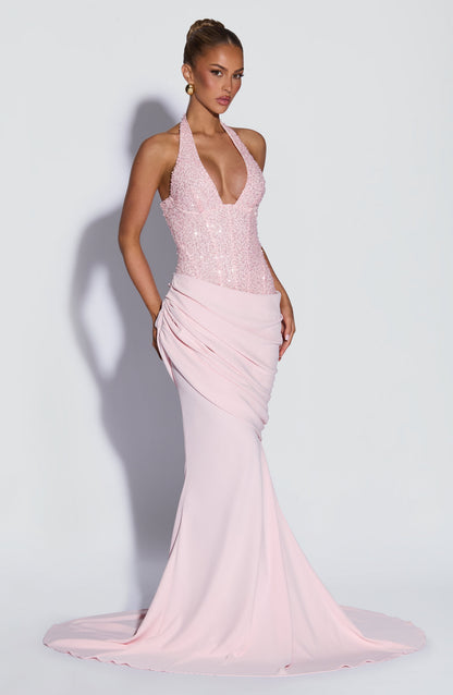 Vestido ALESSIA rosa claro con escote en pico de lentejuelas y falda sirena drapeada