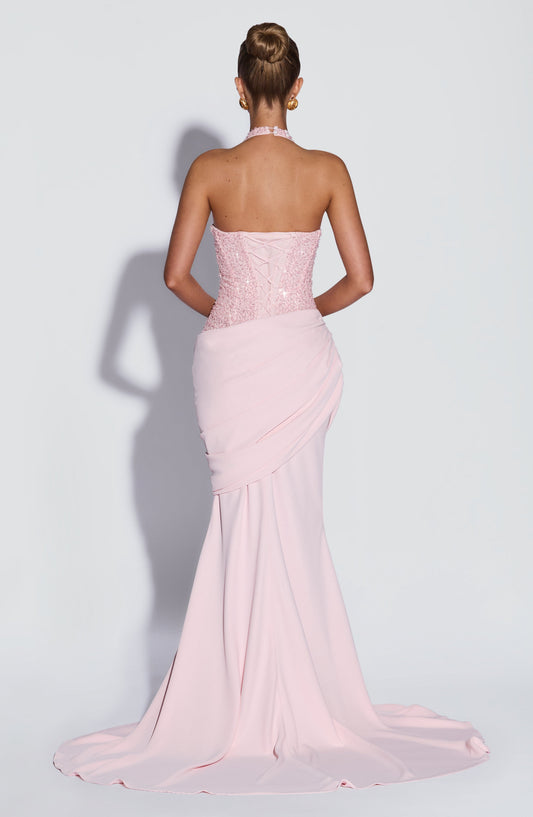 Vestido ALESSIA rosa claro con lentejuelas y espalda descubierta, falda drapeada