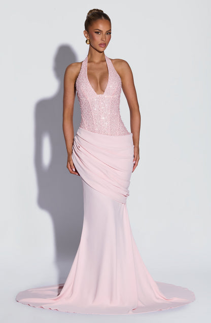 Vestido ALESSIA rosa claro con escote en pico y lentejuelas, falda drapeada sirena